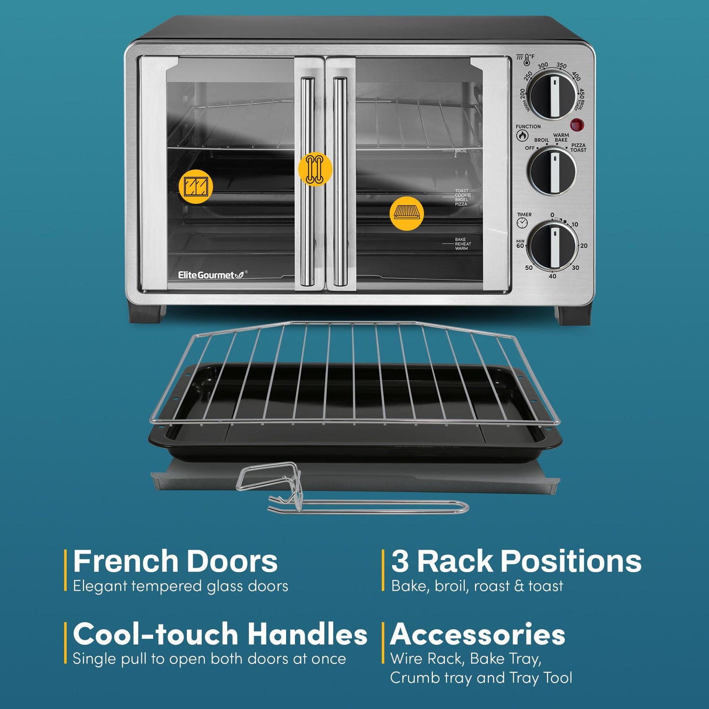 Elite Gourmet ETO2530M - Horno tostador de doble puerta francesa, hornear, asar, tostar, mantener el calor, se adapta a pizza de 12 pulgadas, capacidad de 25 l, acero inoxidable y negro