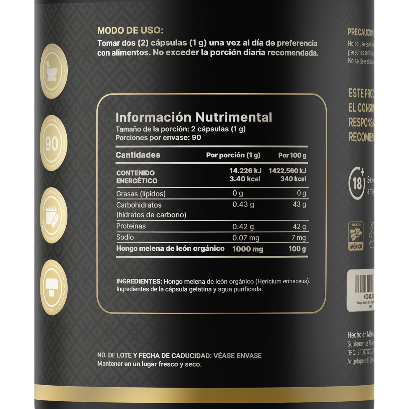 Hongo Melena de León | 100% Orgánico 1000 mg por porción. Adaptógeno Natural. 180 Cápsulas. Organic Lions Mane B Life.