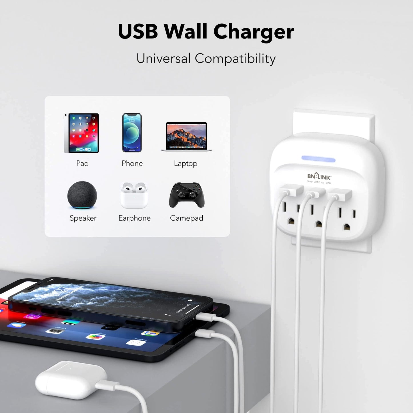 BN-LINK - Extensor de enchufe múltiple con USB, salida protectora de sobretensiones con 3 divisores de salida de CA y 3 puertos USB (1 USB C), toma de pared múltiple para recámara, escuela, viajes