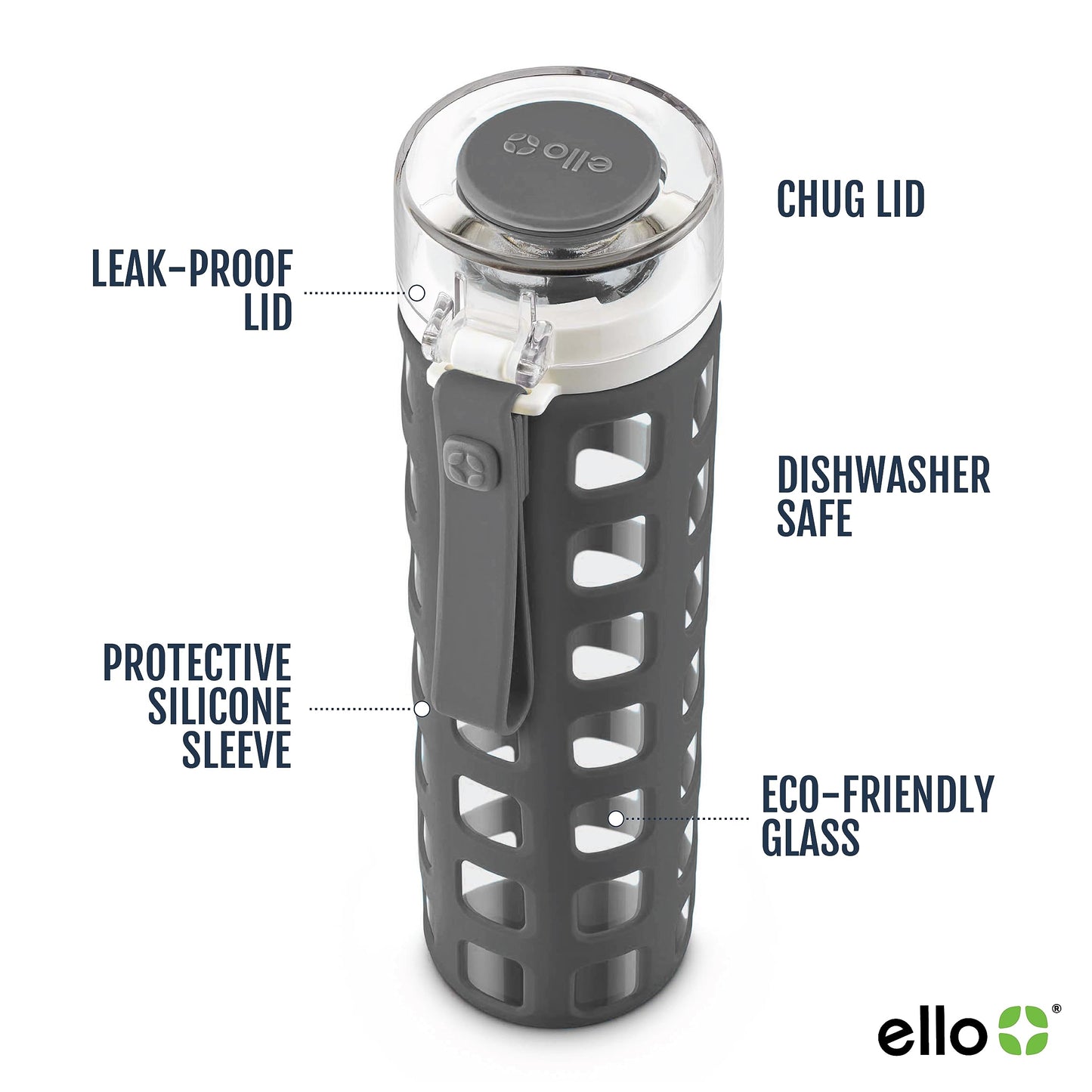 Ello Syndicate Botella de vidrio con tapa abatible para agua, 591 ml, sin BPA