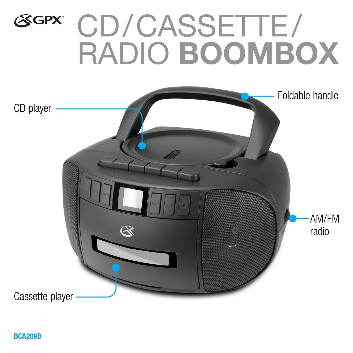 GPX BCA209B Boombox portátil Am/FM con Reproductor de CD y Cassette, Negro