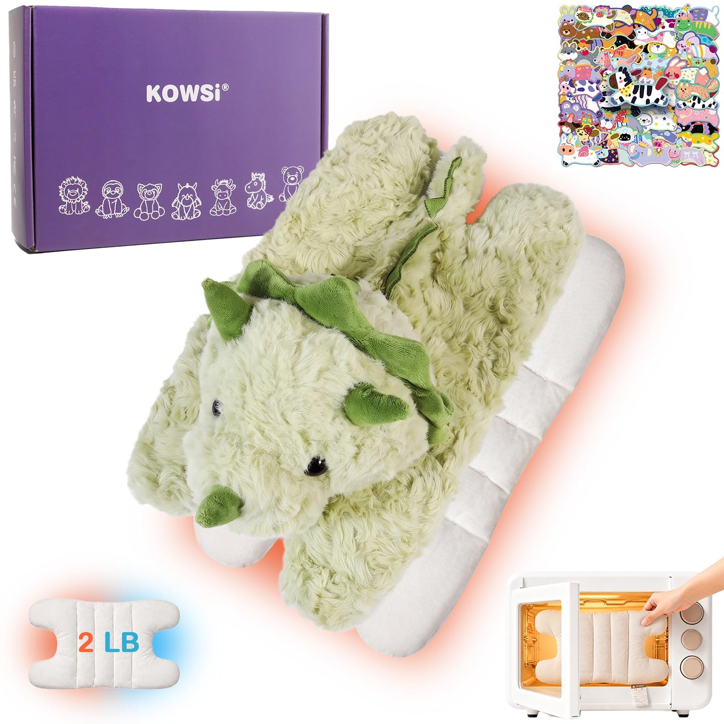 KOWSI® Almohadilla térmica extraíble para microondas de 2.5 libras, felpa Triceratops con turmalina y lavanda, felpa enfriable para calambres menstruales, dolores musculares, incluye 50 calcomanías
