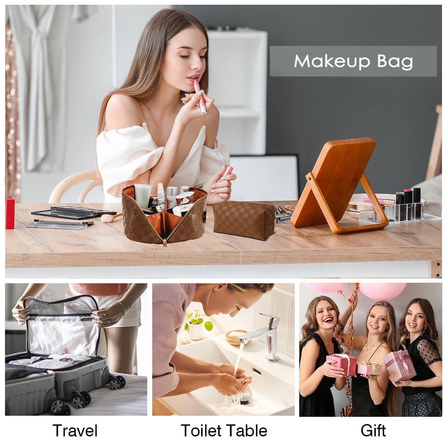 jiffordwind Bolsas de maquillaje de viaje a cuadros organizadoras de cosméticos: 2 juegos de bolsa de maquillaje impermeable de gran capacidad, bolsa de aseo de piel sintética para mujer, bolsa