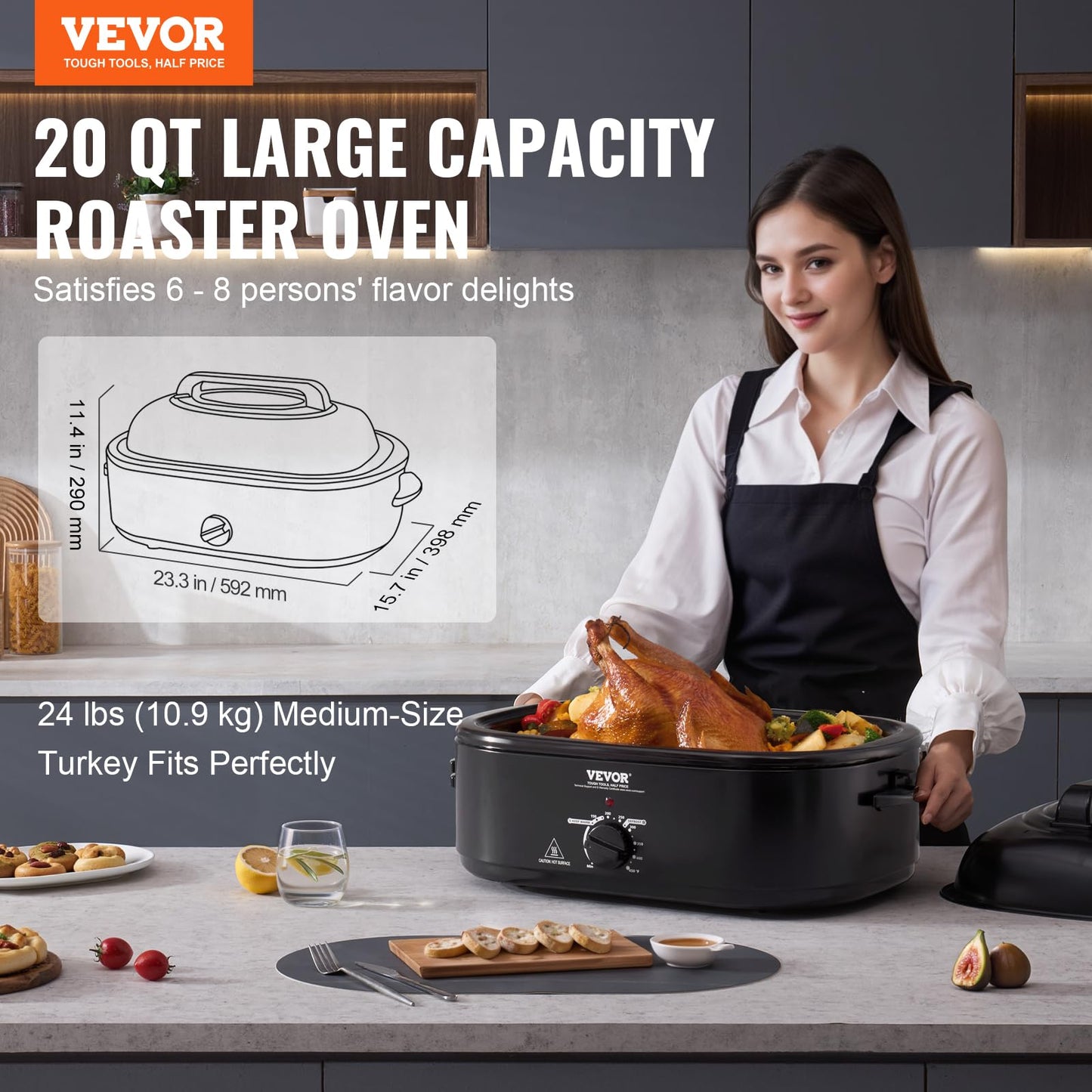 Horno Tostador Eléctrico VEVOR Negro Vidrio Templado 20 Cuartos 1450 W