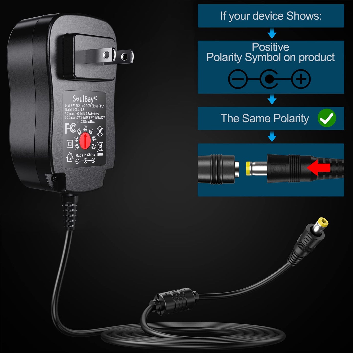 Adaptador AC/DC Universal SoulBay Negro Versión Mejorada Regulable Multi-Voltaje con 8 Conectores Seleccionables para Electrónica Doméstica de 3V a 12V 2 Amperios Máx.