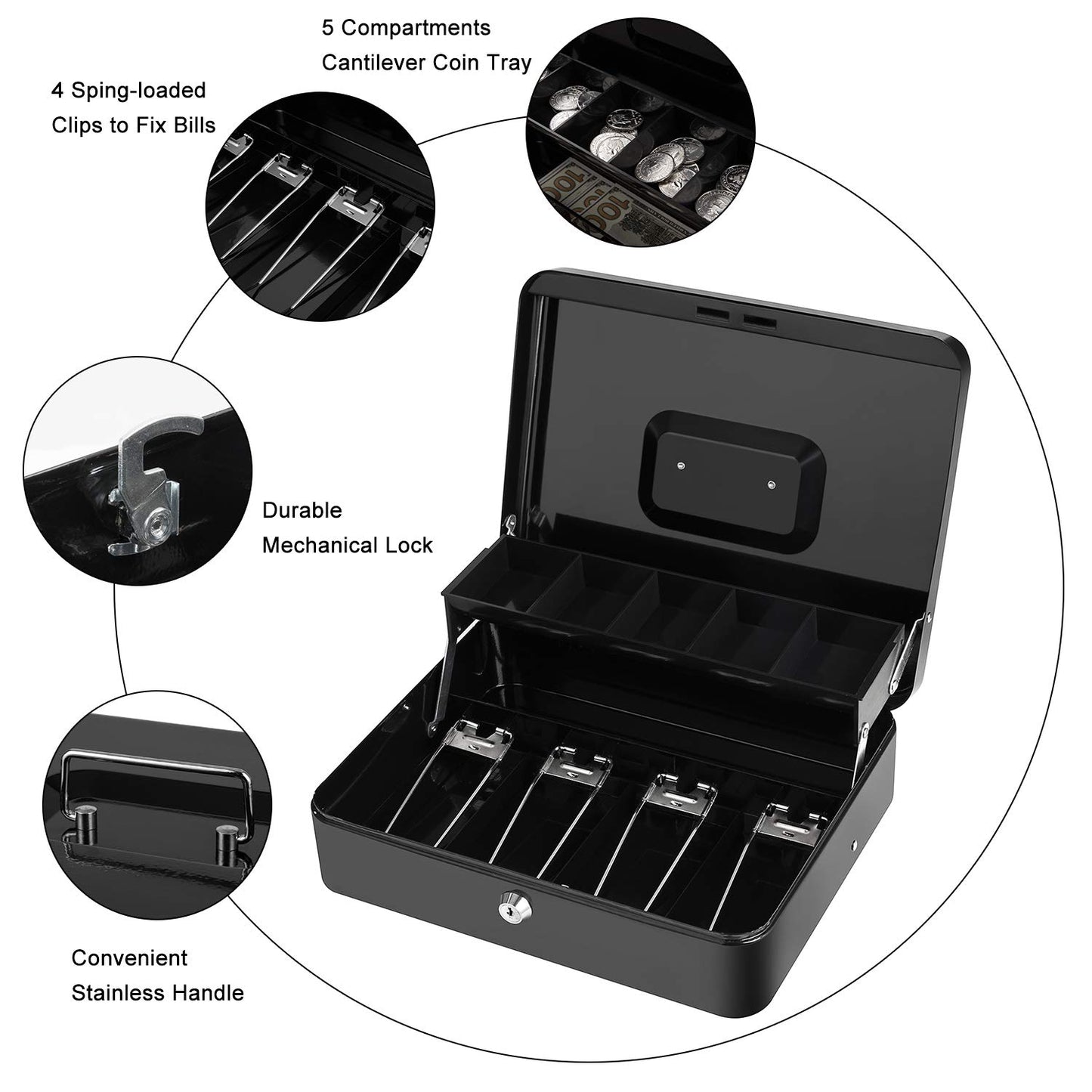 Caja de Efectivo XY-Firestar Negra con Llave y Bandeja para Billetes