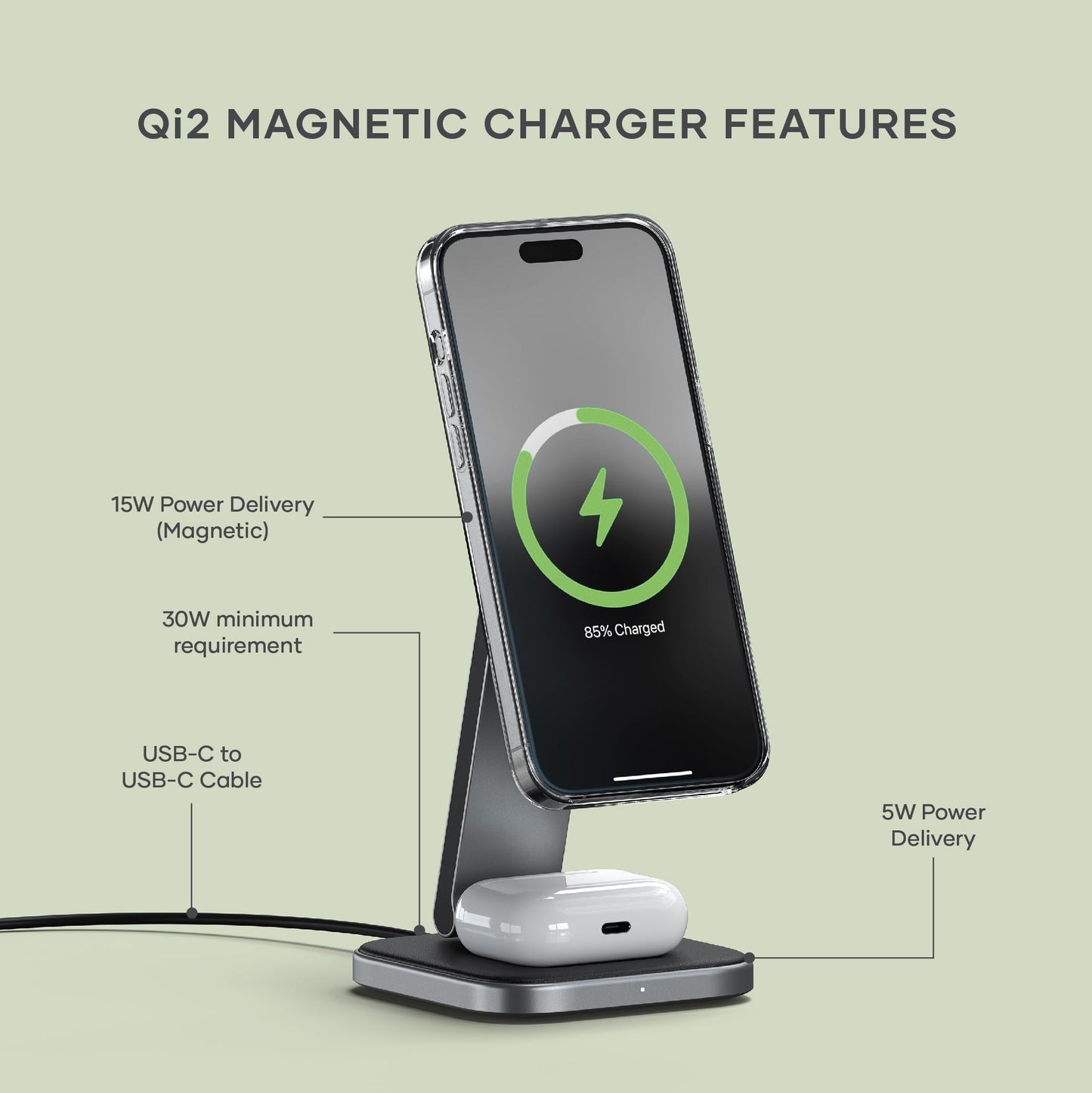 Cargador Inalámbrico SATECHI Negro 2 en 1 Dual Qi2 15W Magnético Plegable para iPhone y AirPods