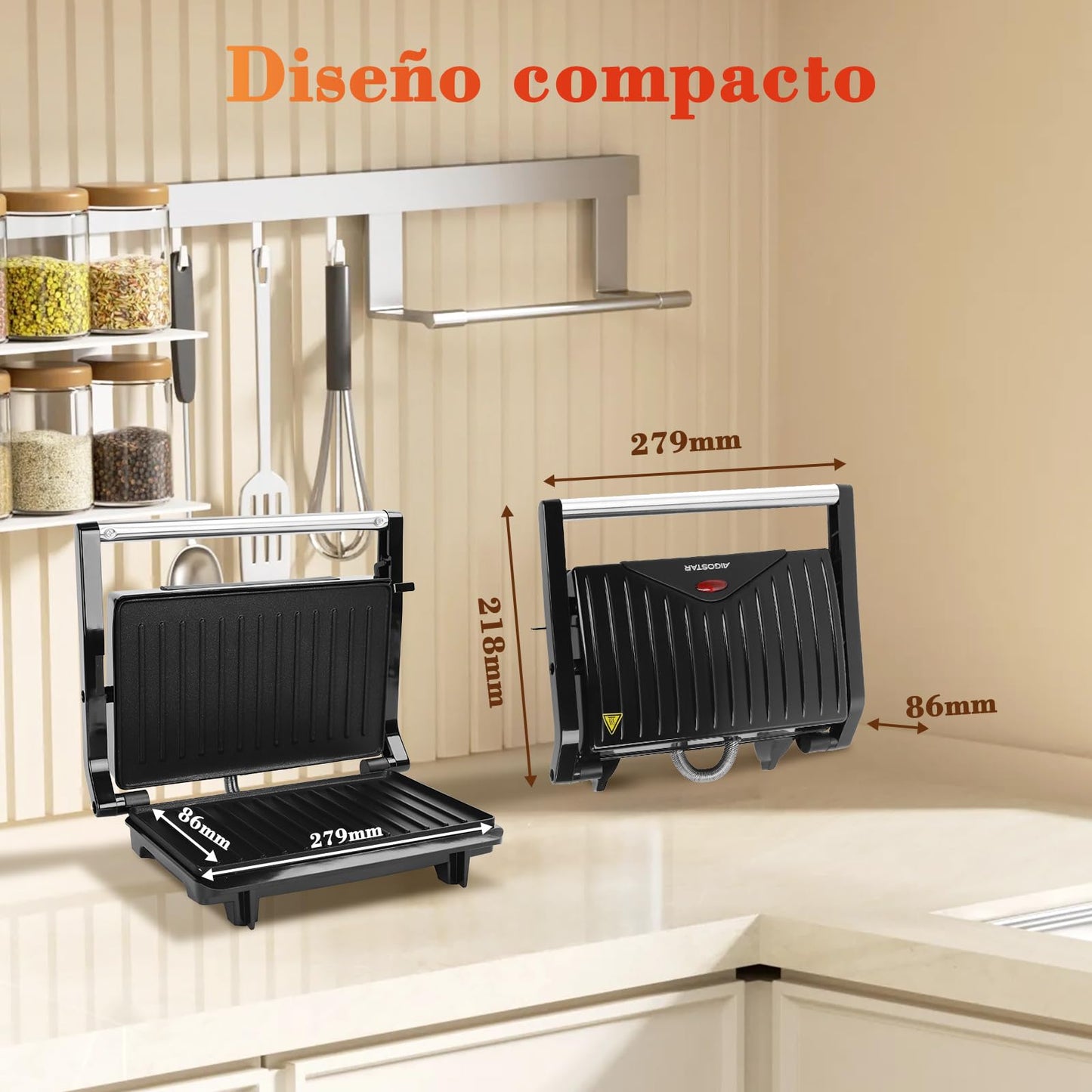 Aigostar Sandwichera Electrica, prensa de panini de doble cara, 750W, Recubrimiento Antiadherente, Con luz indicadora y fácil de limpiar.