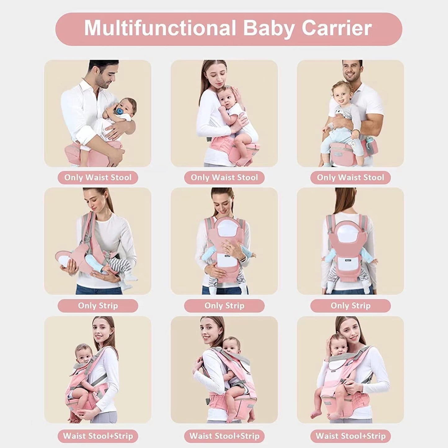 EASYTAO Mochila Portabebe, Canguro para Bebé Ergonomico para Niños de 0 a 36 Meses(hasta 30 kg), Porta Bebé Portátil Algodón Puro Ligero y Transpirable con Asiento de Cadera (Rosa)
