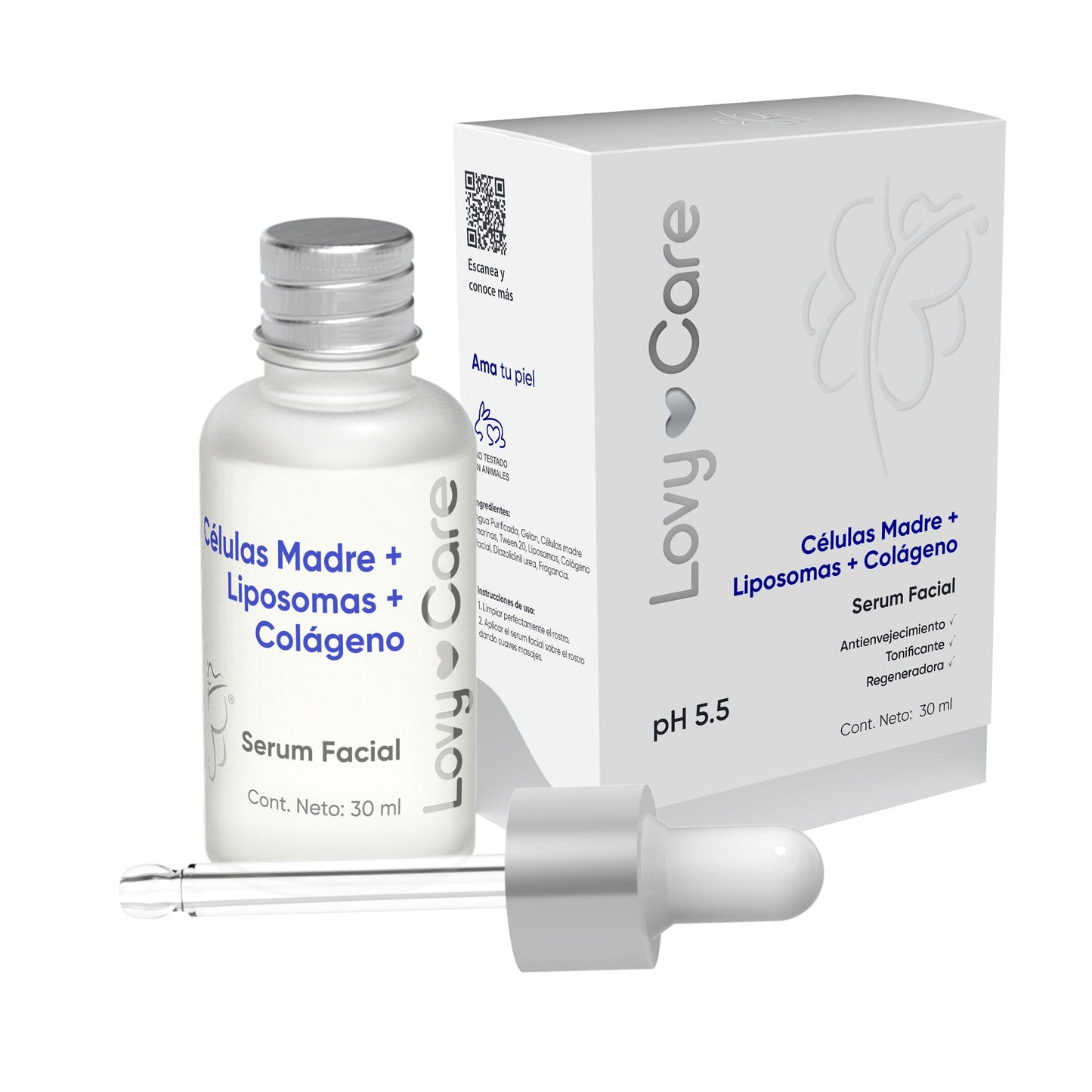 Lovy Care Serum Facial Cells Madre + Liposomes + COLAGENO tonificante, Regeneradora + pH 5.5 piel Sana