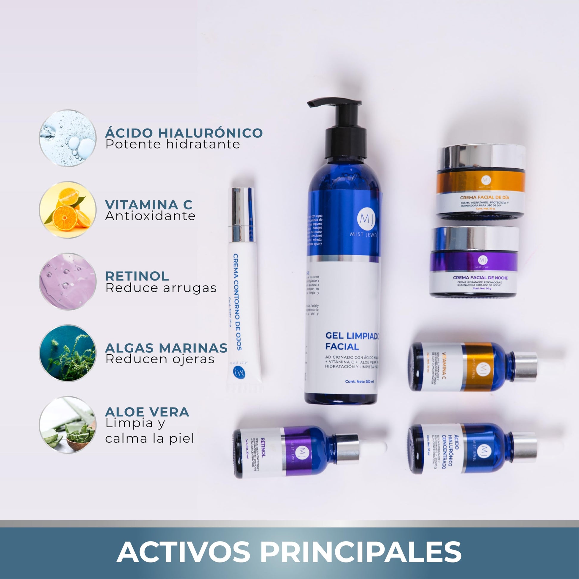 MIST JEWEL Kit Facial Luxe skincare completo Cremas día y noche, 3 Serum, limpiador facial y crema contorno de ojos | Paquete completo dia y noche de cuidado facial, hidratación y rejuvenecimiento
