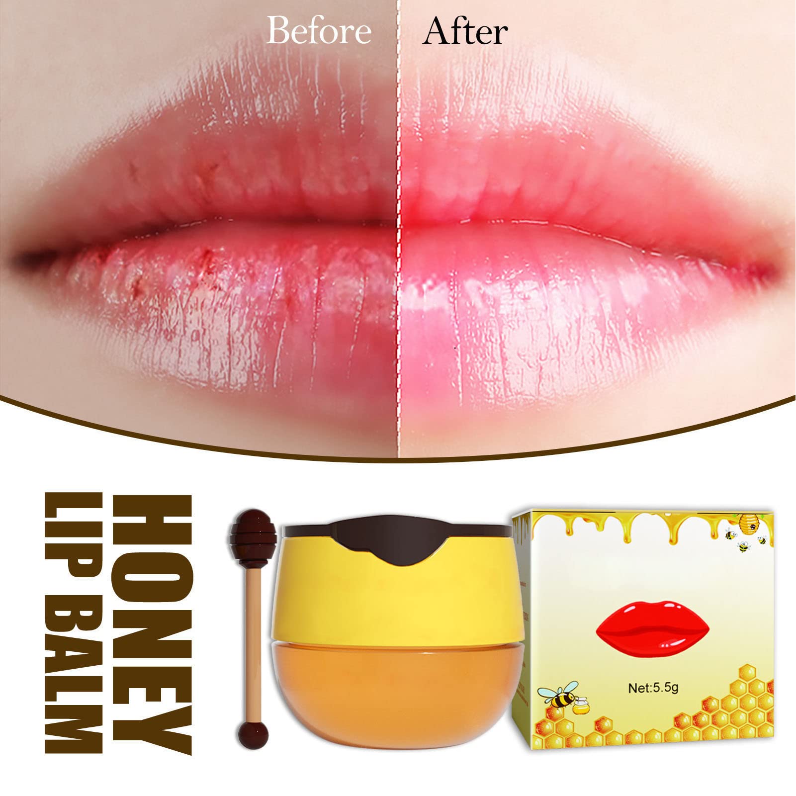 Mascarilla para Dormir de Labios, 2 Piezas de Bálsamo de Abeja, Bálsamo Labial, Tarro de Miel, Propóleos, Mascarilla Hidratante para Labios de Miel, Bálsamo Labial, Hidratante y