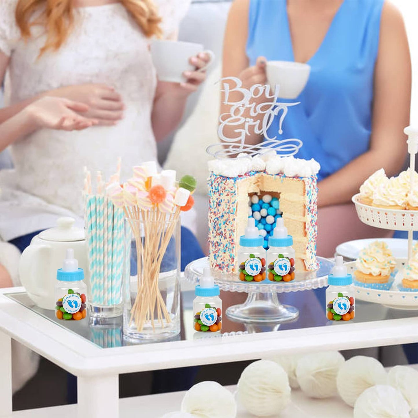 72 piezas de mini botellas de leche para baby shower, color blanco, mini biberones de plástico baratos para baby shower, recuerdos de fiesta, decoración de juegos de fiesta de baby boy shower (azul)
