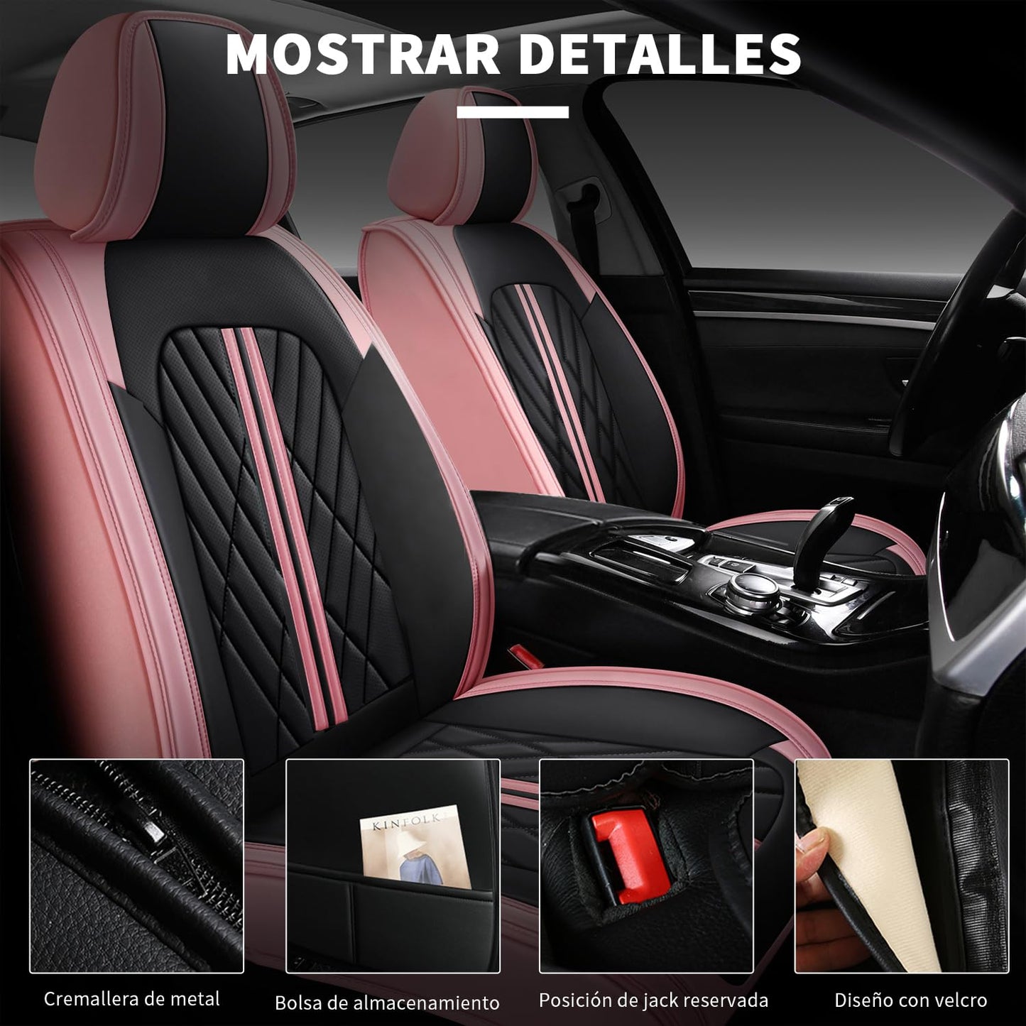 OFFCEI Fundas para Asientos de Cuero Impermeable y Lavable, Universal para Coches Medianos/Pequeños de 5 Plazas/SUV (Negro y Rosa)