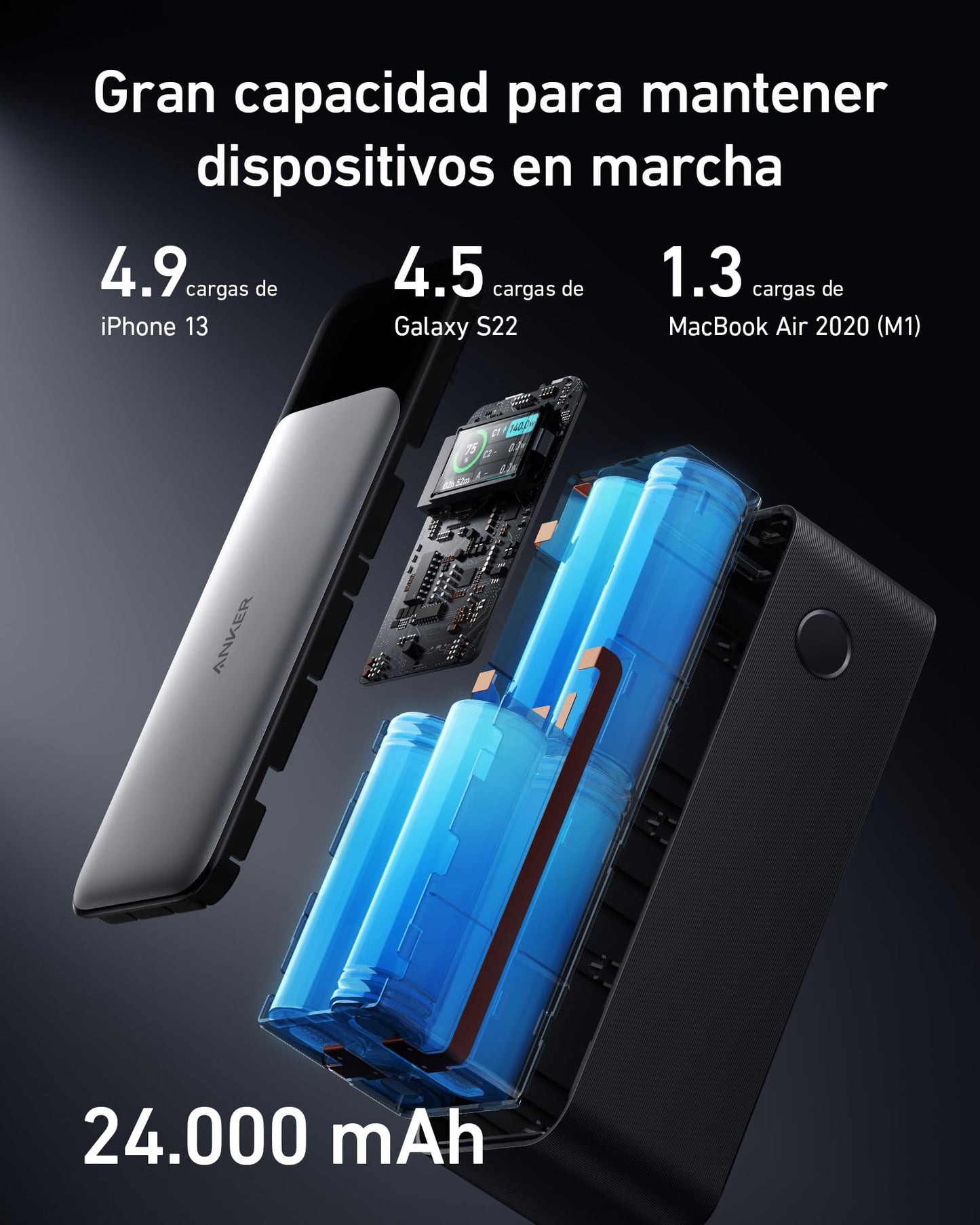 Anker Power Bank de 24,000 mAh con 3 Puertos y Salida de 140W, Pantalla Digital Inteligente, Cargador Portátil Compatible con iPhone 16/15/14, Samsung, MacBook, DELL y más