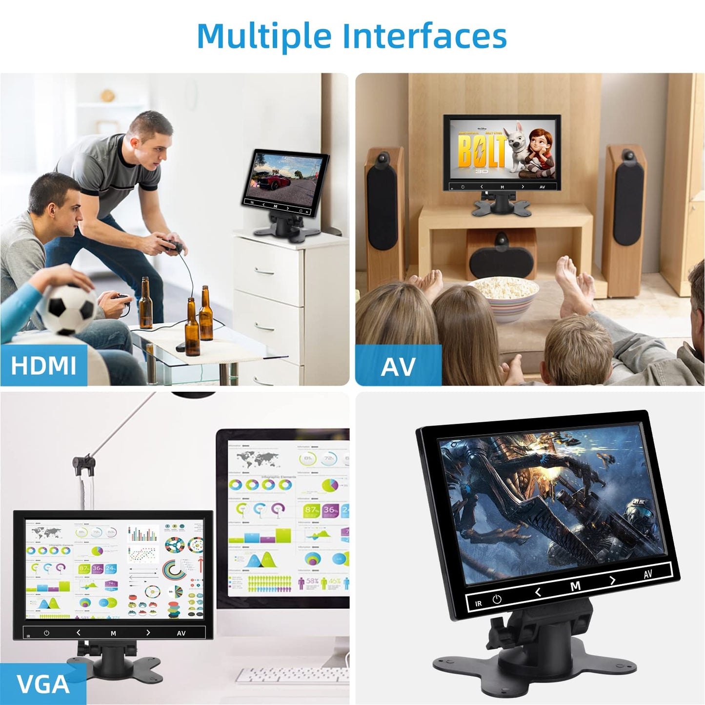 AISHICHEN Monitor de seguridad de 7 pulgadas, resolución de 1024 x 600 pulgadas, pequeño monitor HDMI con control remoto, altavoces integrados, pequeño monitor portátil con entrada USB HDMI VGA AV BNC para CCTV (7 pulgadas 1024x600P)