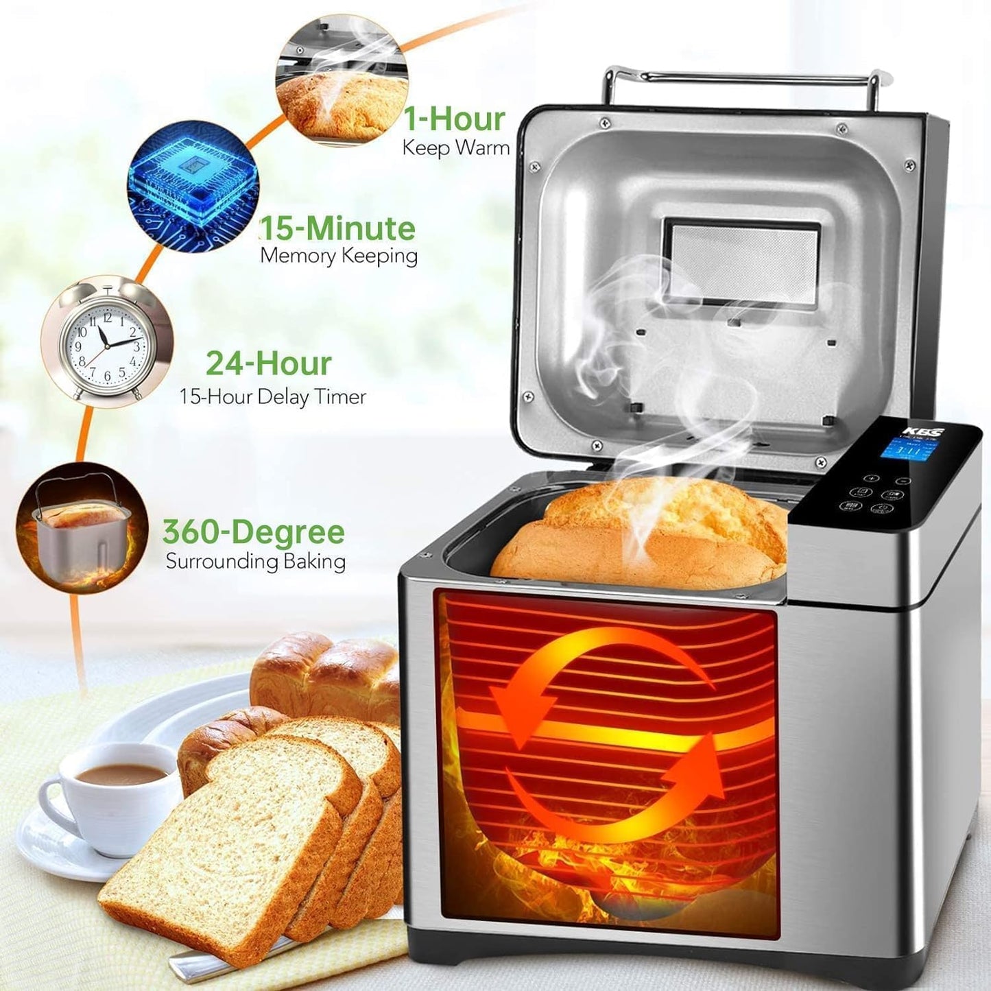 KBS Máquina de pan grande 17 en 1, máquina de pan de acero inoxidable de 2 libras con dispensador automático de frutos secos, sartén de cerámica antiadherente, panel táctil completo de vidrio templado, reserva y mantiene caliente, guante de horno y receta