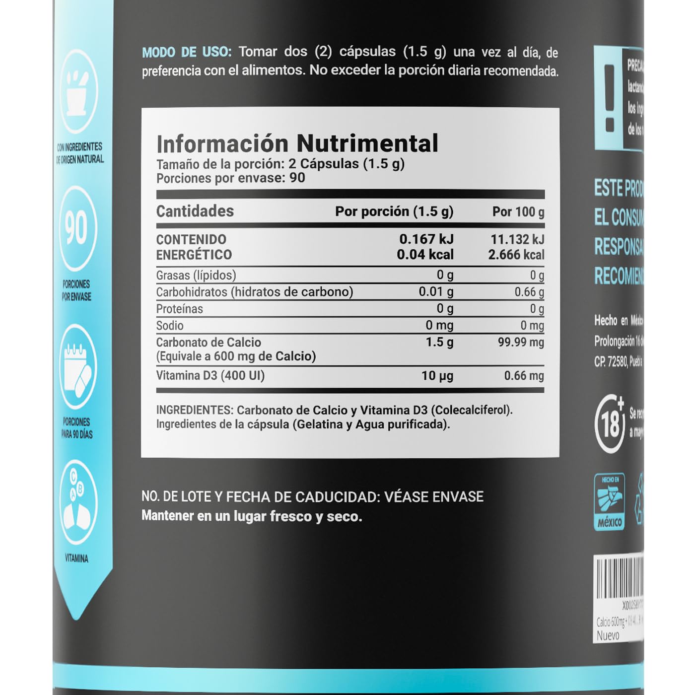 Calcio y Vitamina D3 concentración de 1500 mg de Carbonato de Calcio (equivalente a 600 mg de Calcio). Ingredientes Naturales en 180 Cápsulas. Calcium & D3 B Life