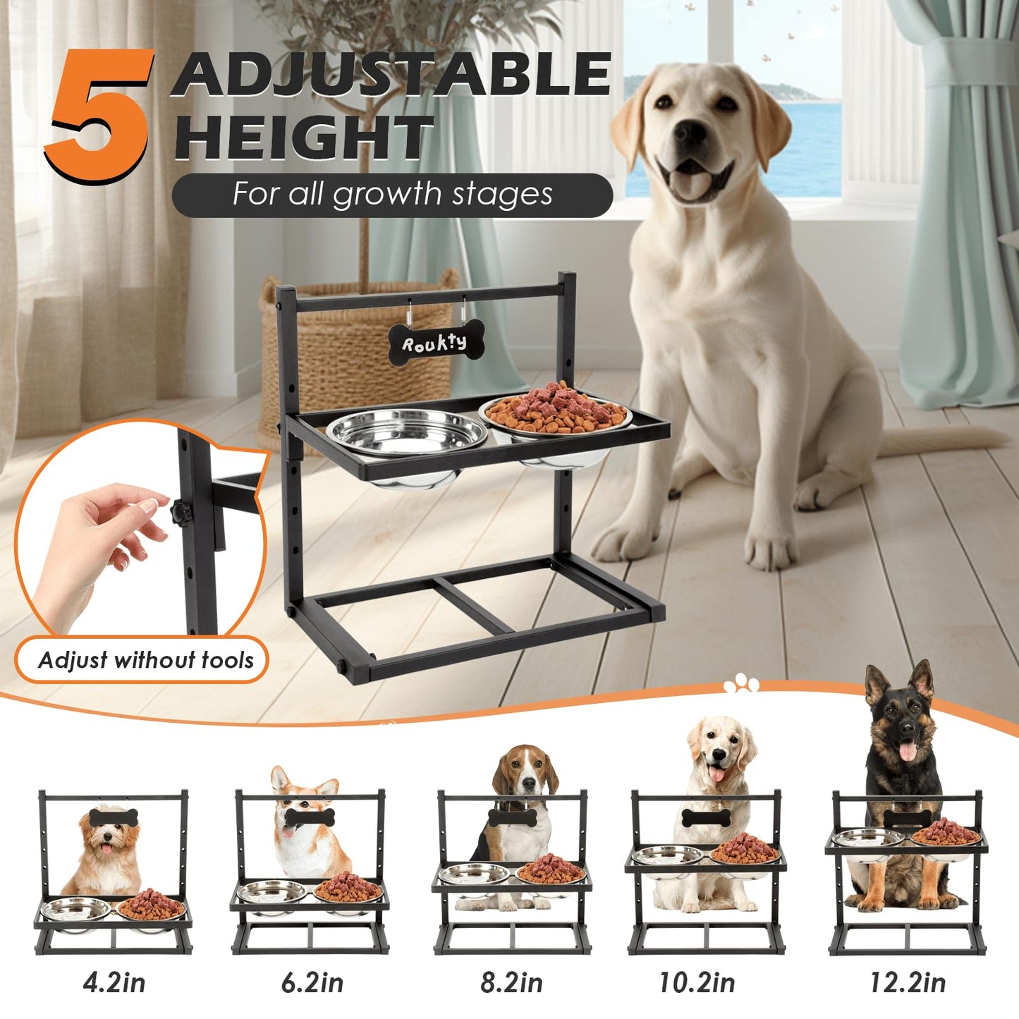 ADENGL Cuencos elevados para perros con comedero lento, 5 alturas ajustables (4-12 pulgadas), 2 cuencos de acero inoxidable, para perros medianos y grandes