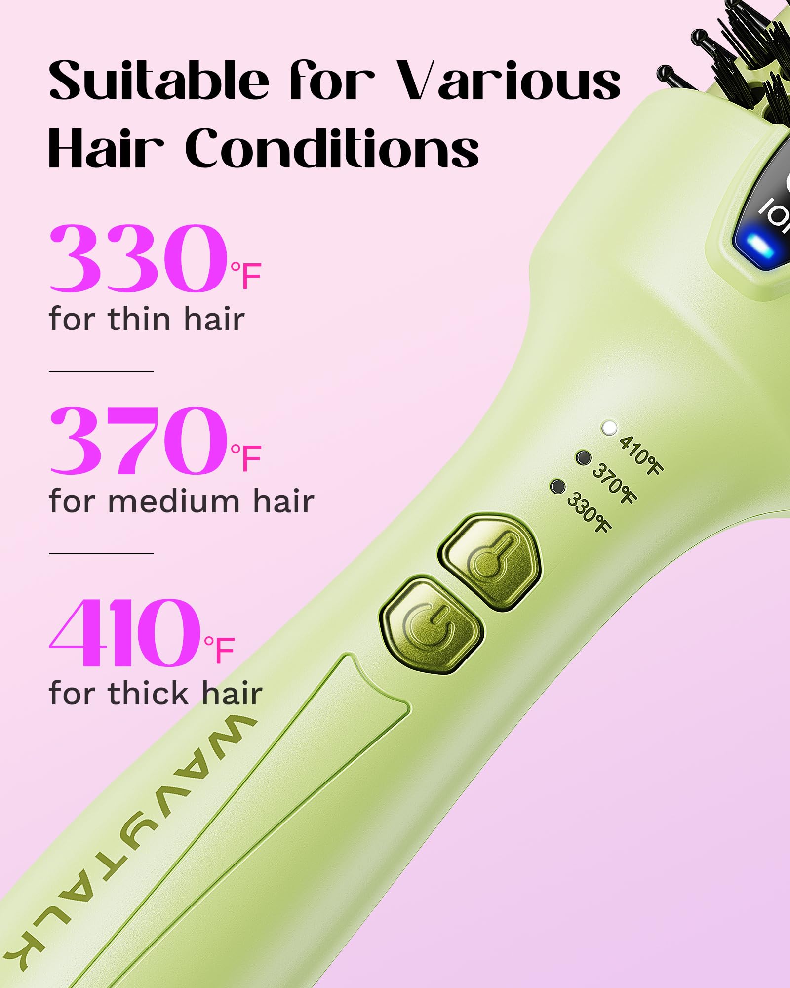 Wavytalk Cepillo térmico de 1.5 pulgadas Blowout Express iónico calentado que crea un aspecto soplado que hace que el cabello sea más brillante y suave, doble voltaje, fácil de usar (verde)