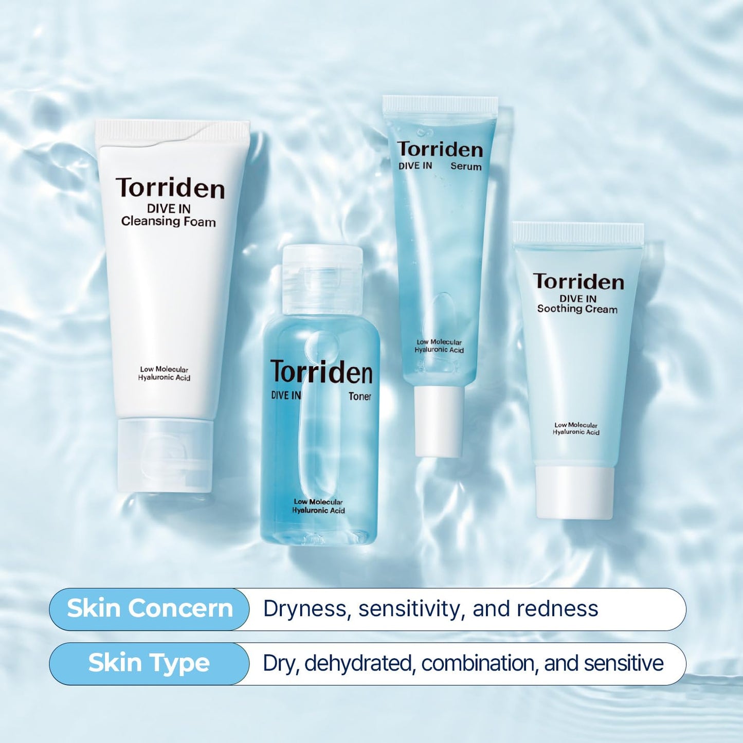 Torriden- Kit de prueba DIVE-IN, kit de cuidado diario de la piel con infusión de ácido hialurónico: régimen de 4 pasos con limpiador en espuma, F