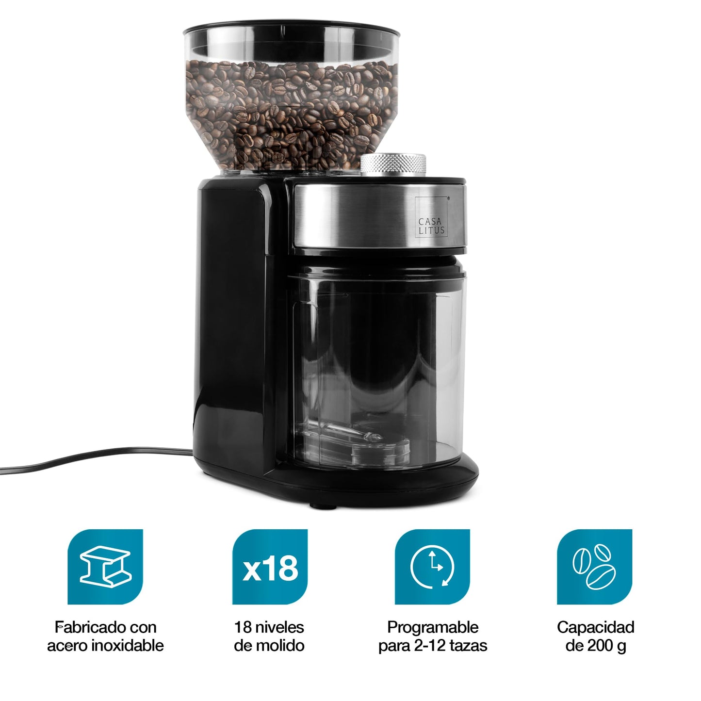 CASA LITUS Molino de Café Eléctrico Profesional 200gr, Moledor de Café en Grano 18 Niveles de Molienda: Espresso, Prensa Francesa, Cafetera, Cafetera Italiana (Moka), Cuchillas de Acero Inoxidable