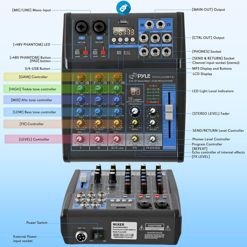 Consola Mezcladora de Audio Pyle USB Bluetooth para DJ Studio Streaming