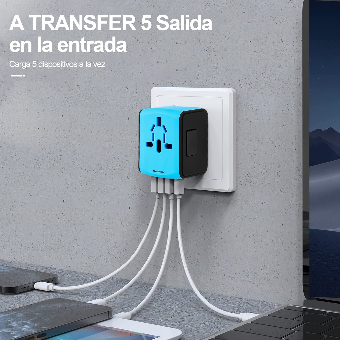 Adaptador de Viaje Universal YOMYM Blanco Seguridad Integrada Con 4 USB