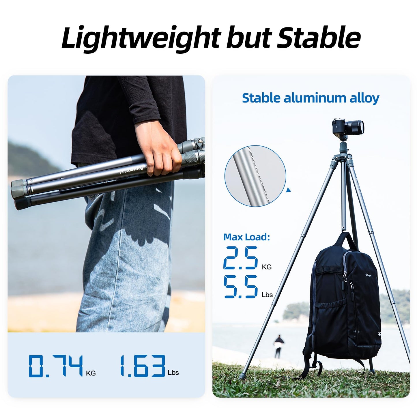 Fotopro - Trípode de cámara de 50 pulgadas, trípode de viaje ligero con cabezal de bola de 360, adaptador de acción, compatible con cámara DSLR, smartphone, carga máxima de 5.5 lb/2.5 kg