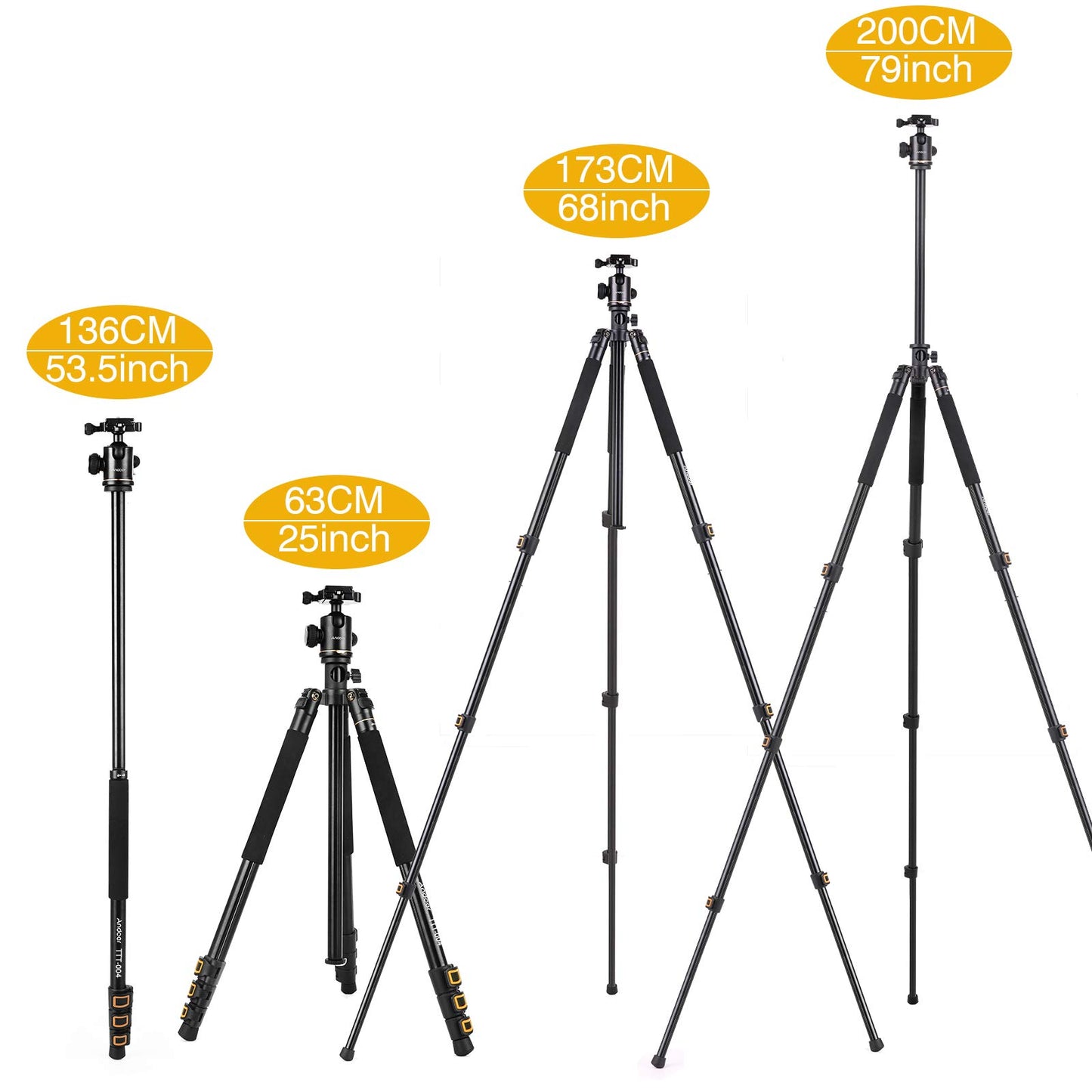 Andoer - Trípode de cámara de 78 pulgadas, trípode horizontal DSLR ligero (4 libras) – trípodes y monopodos de cámara 2 en 1 con cabeza de bola de 360°, aleación de aluminio, carga máxima de 22 libras