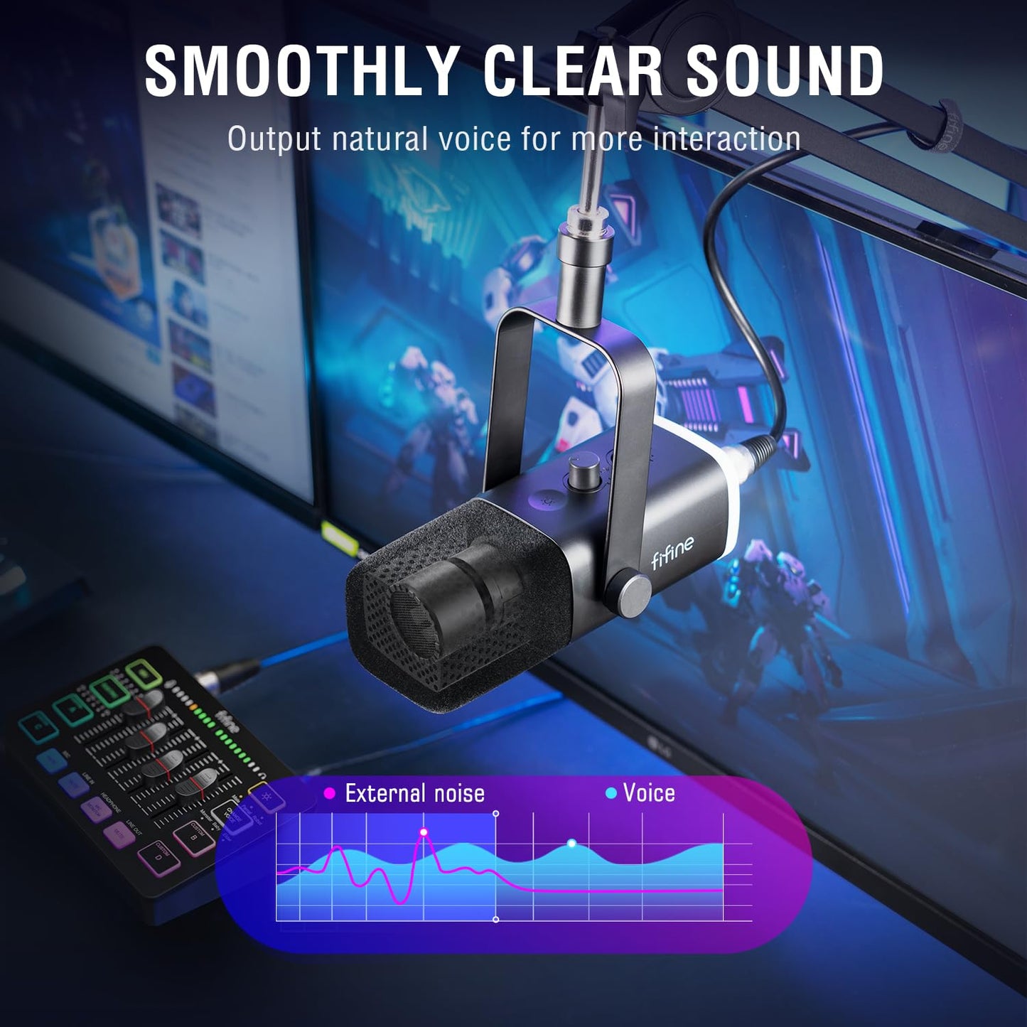 FIFINE Gaming Equipment Bundle,Set de Micrófono Dinámico XLR/USB Gaming con Mezclador de Audio Streaming para Grabación de Podcast Video Vocal,Set RGB Gamer con Fader Volumen/Interfaz XLR para PC-KS5
