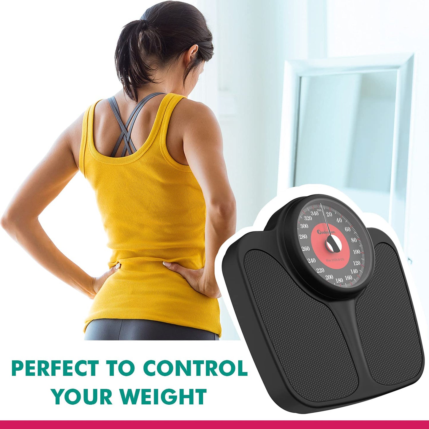 Adamson - Báscula A23 para peso corporal, hasta 350 libras, nueva versión, superficie de goma antideslizante, números extra grandes, báscula de baño de alta precisión, analógica, duradera con garantía
