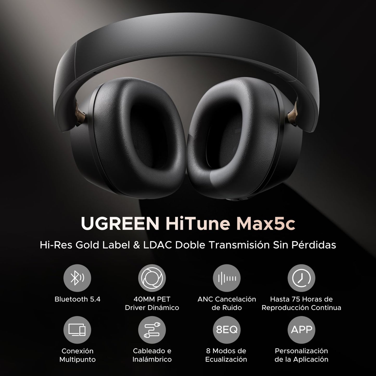 Audífonos Inalámbricos UGREEN Negro con Cancelación Activa de Ruido y Batería de 75 Horas para Gaming y Trabajo Remoto