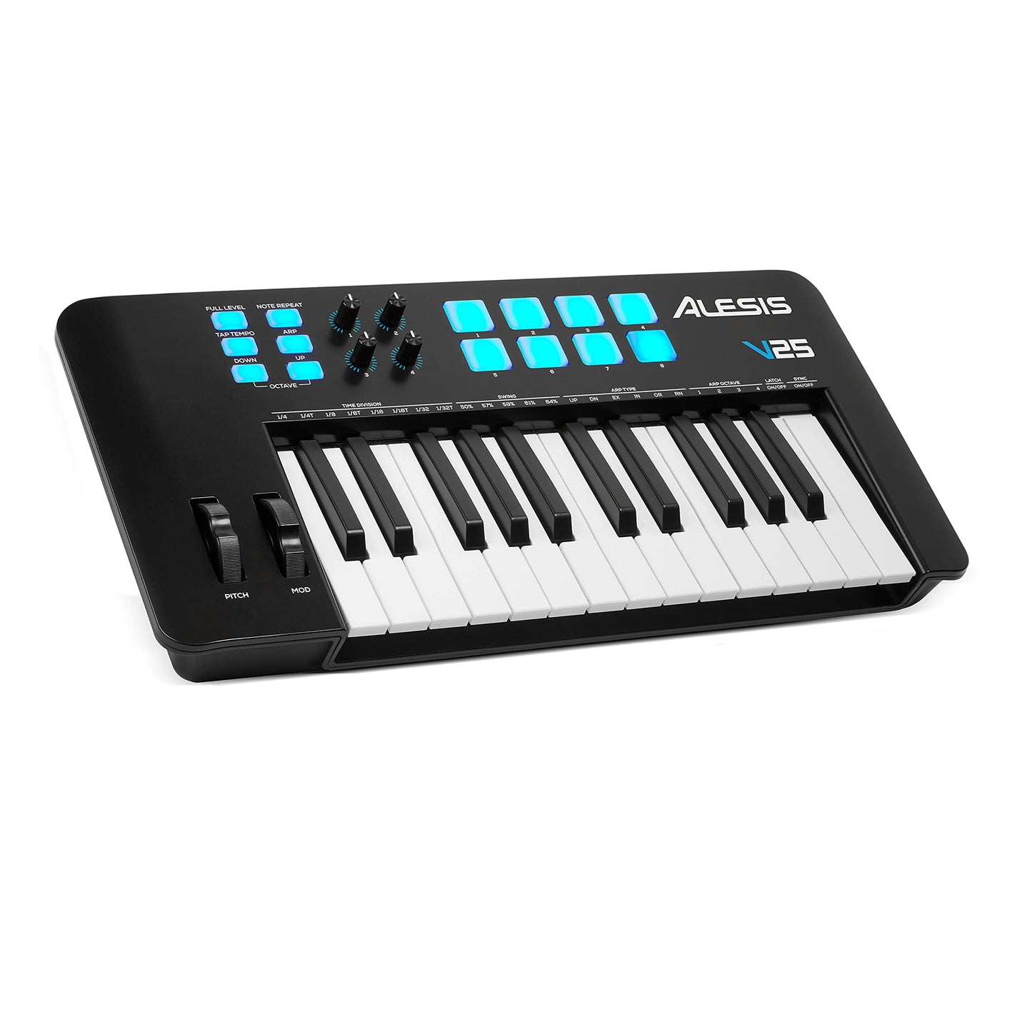 Alesis V25 MKII - Teclado Controlador MIDI USB, 25 teclas sensibles a la velocidad, 8 Pads con Full Level, Arpegiador, Rueda Pitch/Mod, Note Repeat y Suite de software
