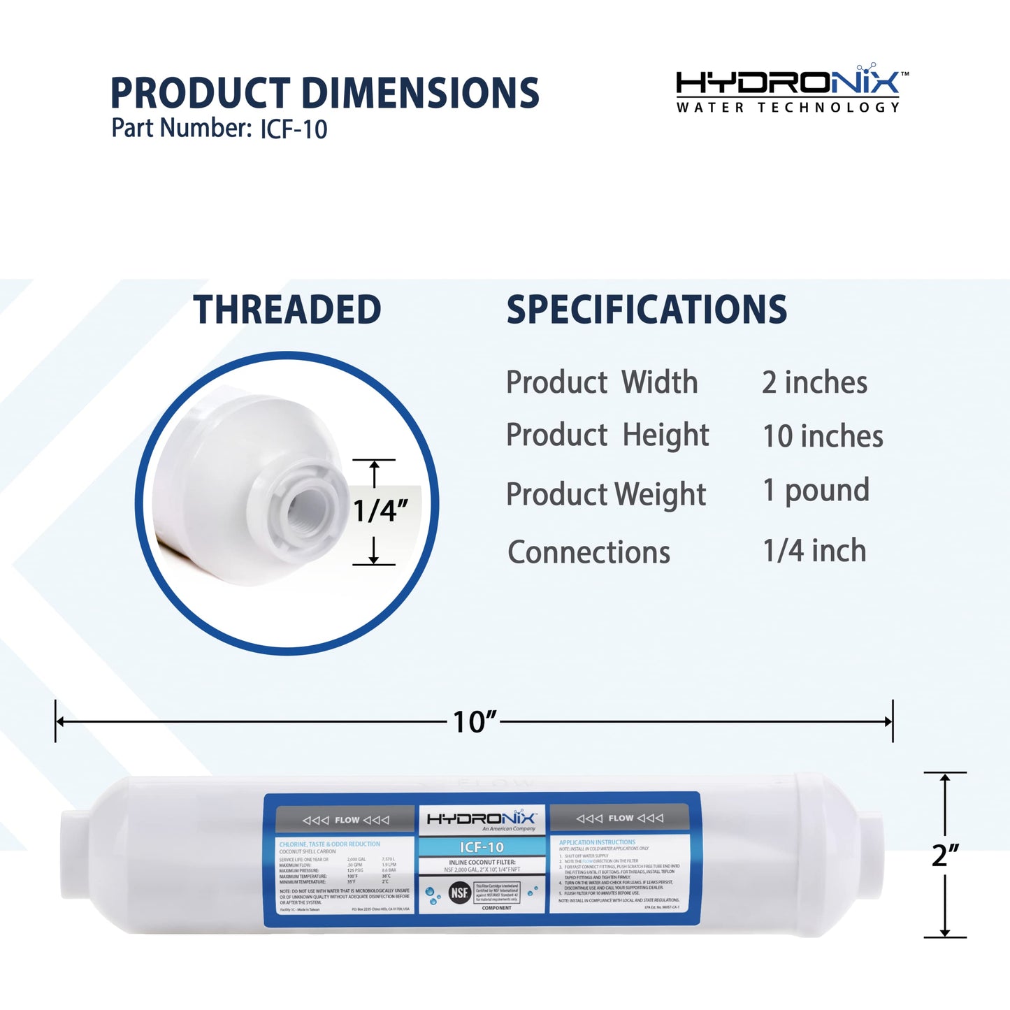 Hydronix ICF-10 Inline Coconut Filter 2000 Gal, 2" OD X 1 0" Length, 1/4" FNPT