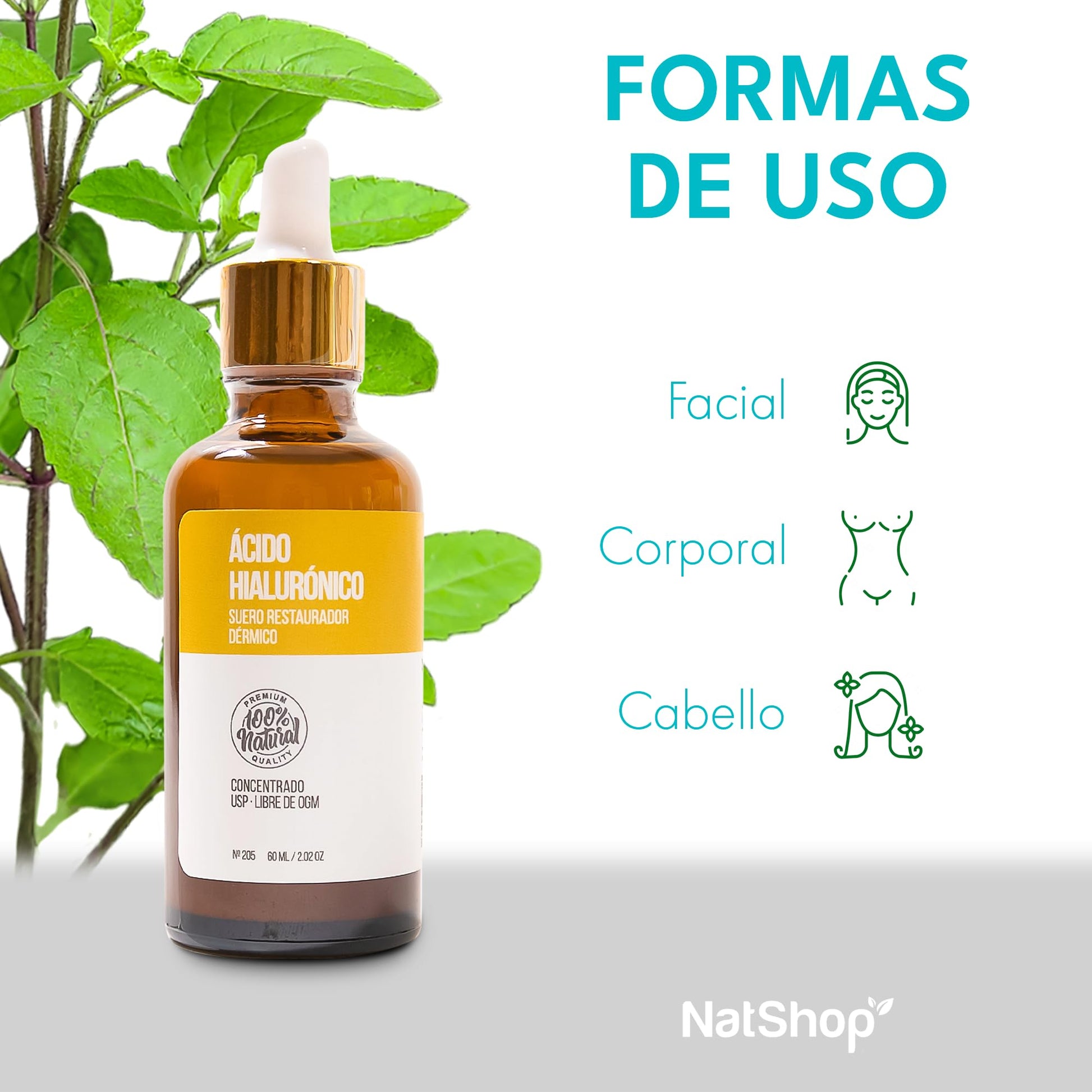 NATSHOP | Suero de Ácido Hialurónico 100% Natural - Fórmula Ligera y de Rápida Absorción - Libre de Parabenos y Químicos Agresivos | Skin Care para Rutina de Día y Noche - Skincare Facial 60ml