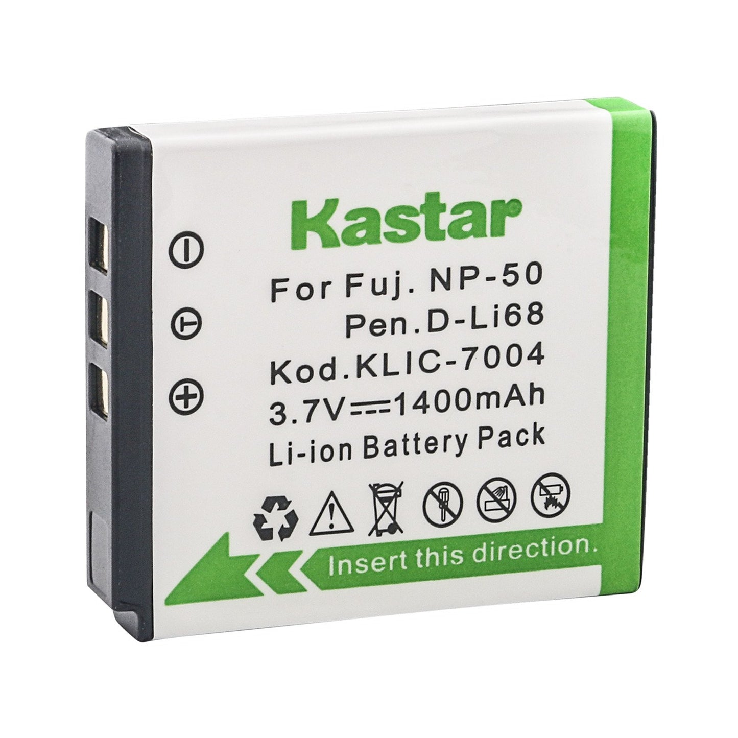 Kastar (2-Pack) y kit de cargador de batería para Fujifilm NP-50, Kodak KLIC-7004, Pentax D-LI68 trabajo con Fujifilm FinePix F50fd, F60fd, F70EXR, F72EXR, F75EXR, F80EXR, F85EXR, F100fd F200EXR, F200EXR, F300EXR, F305EXR, F500EXR, F505EXR, F550EXR, F600E