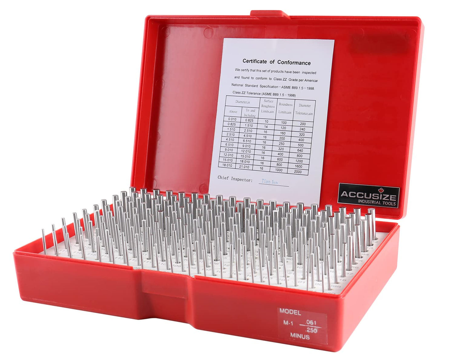 Accusize - 190 Pcs/Set M1(-) 0.061'' - 0.250'' Steel Plug Pin Gage Set Minus, M1(-)