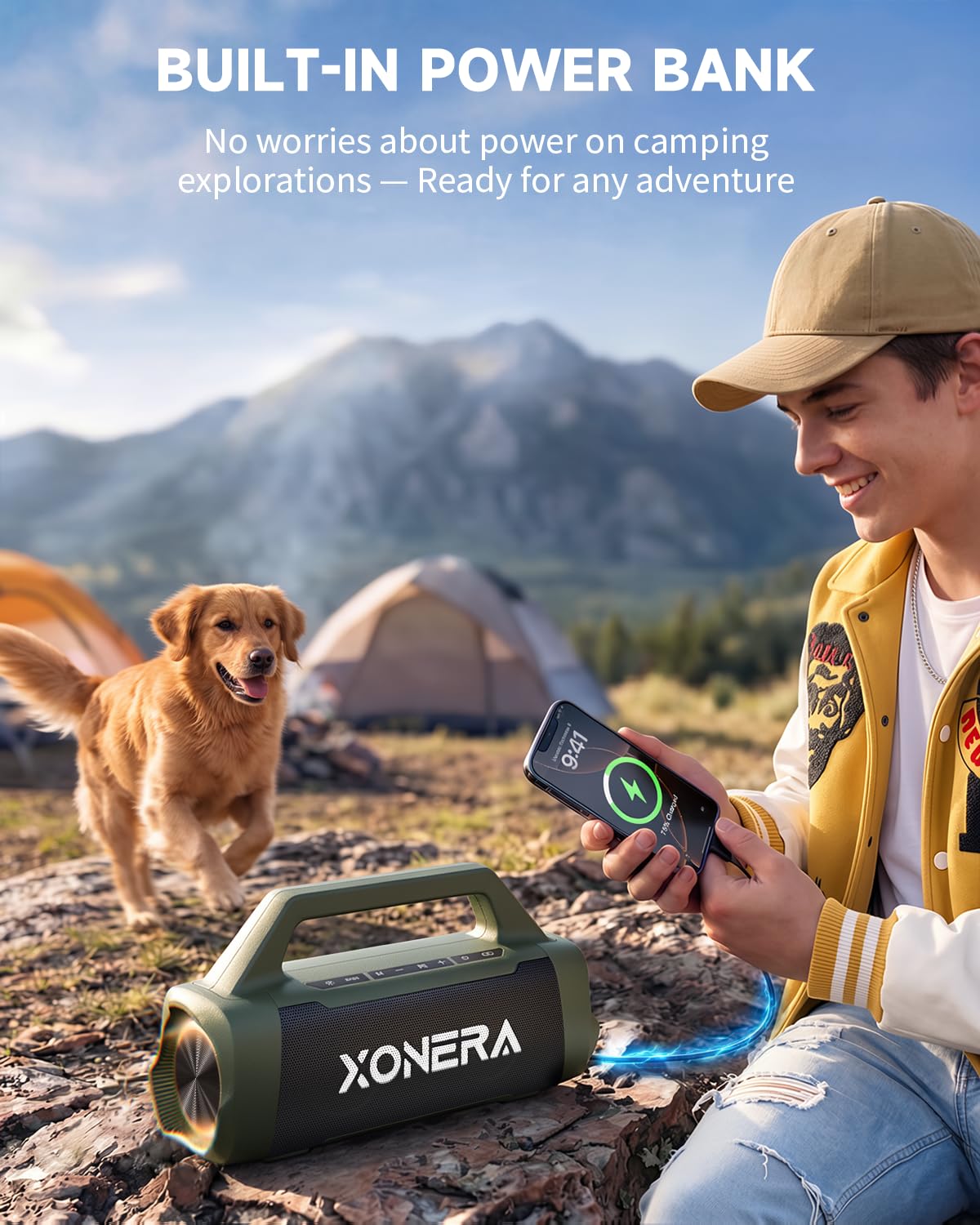 Xonera - Altavoces Bluetooth inalámbricos, altavoz de 80 W pico alto para exteriores con graves, tiempo de reproducción de 20 horas, IPX6 impermeable, TWS, BT5.3, portátil para camping, senderismo