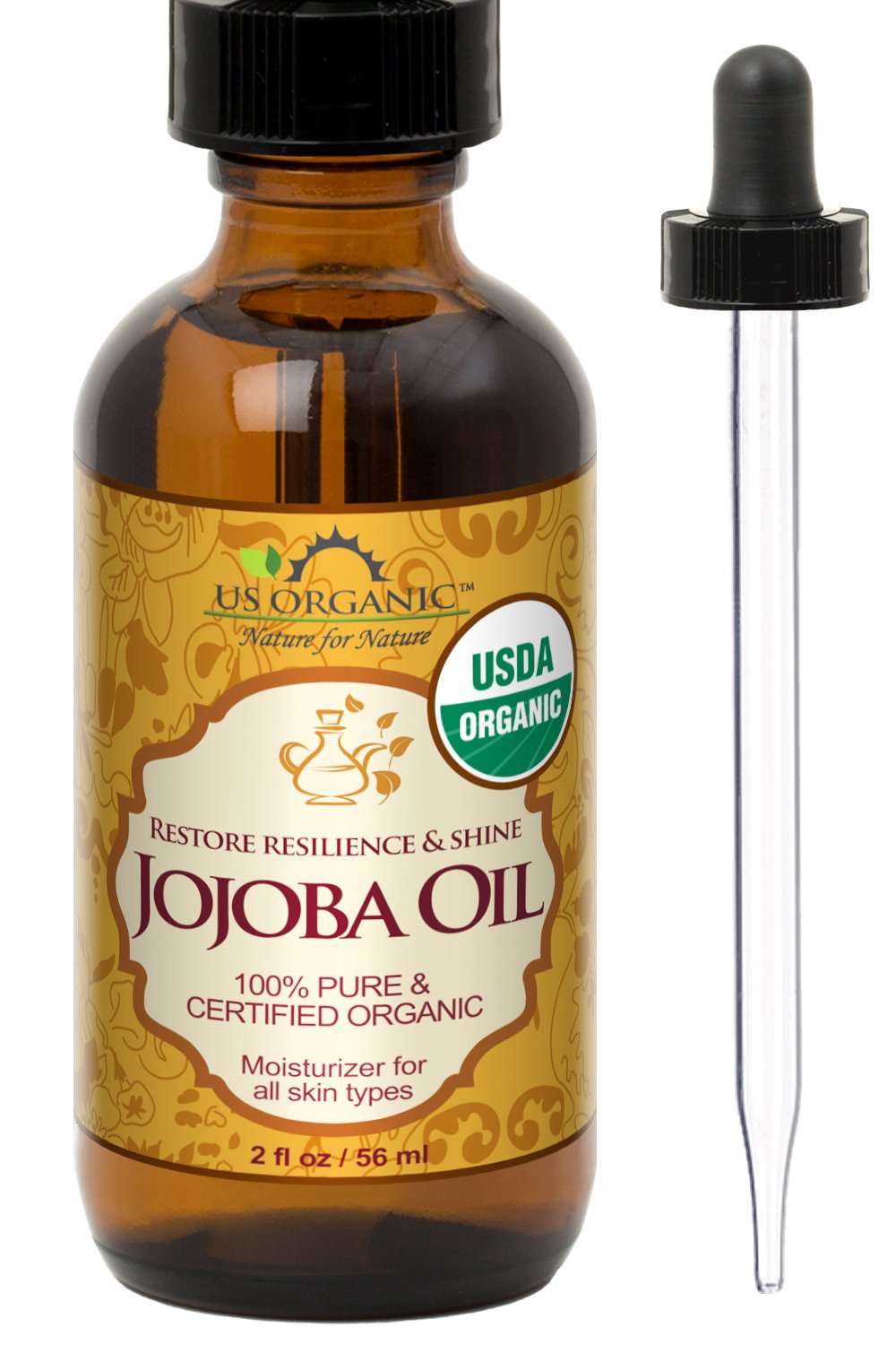 US Organic, Aceite de Jojoba, Certificado Orgánico por USDA, 100% Puro y Natural, Prensado en Frío, Virgen, Sin Refinar, Libre de Hexano, Botella de Vidrio Ámbar (56 ml)