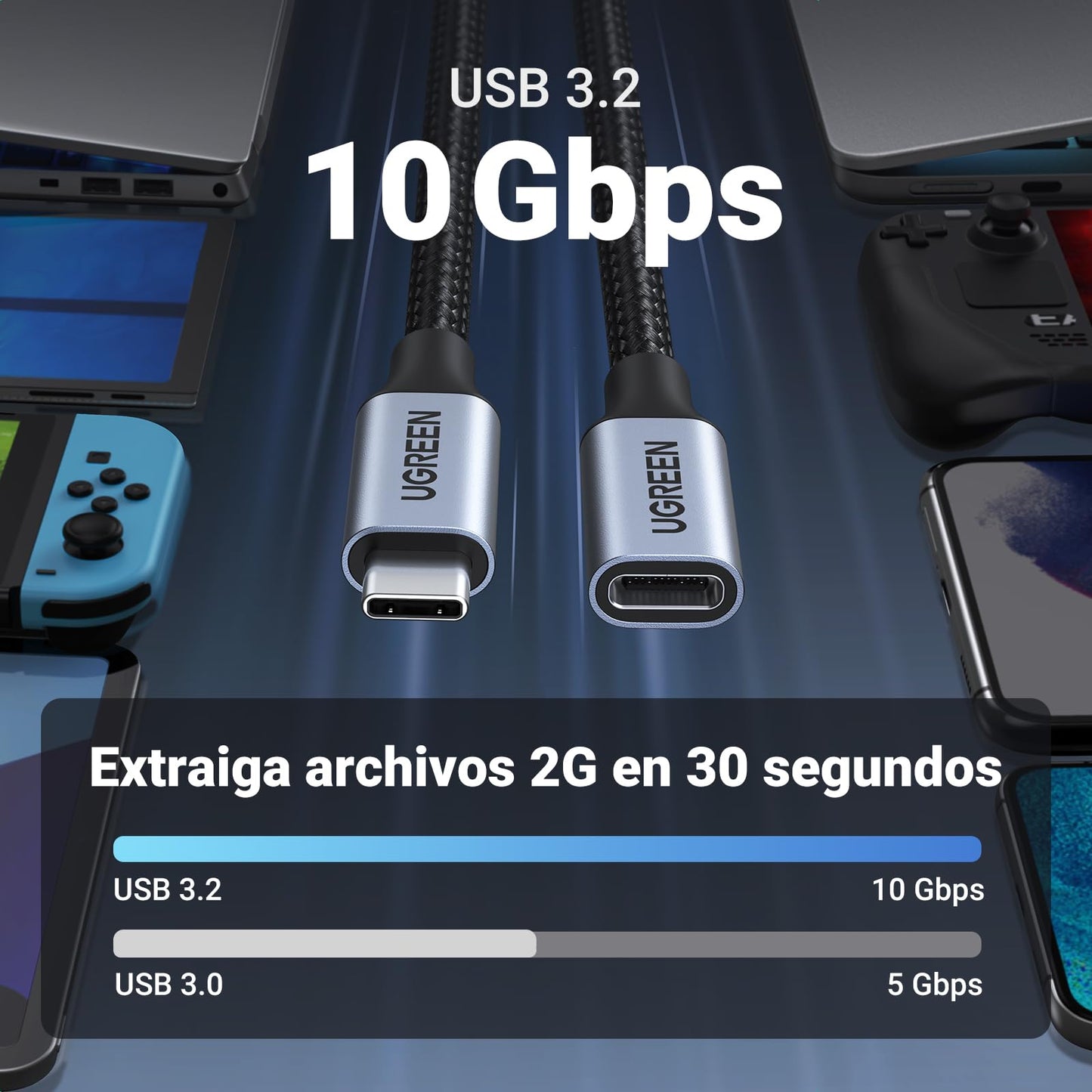 Cable de Extensión USB C UGREEN 1M Negro 3.1 Gen 2 10Gbps para Video 4K 60Hz y Carga Rápida 100W