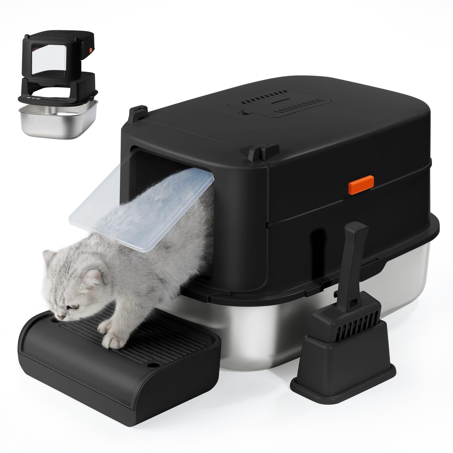 Aupures - Caja de arena de acero inoxidable con tapa – Caja de arena para gatos cubierta extraíble XL con solapa de puerta, caja de arena de metal extragrande con lados altos, cuchara de arena –