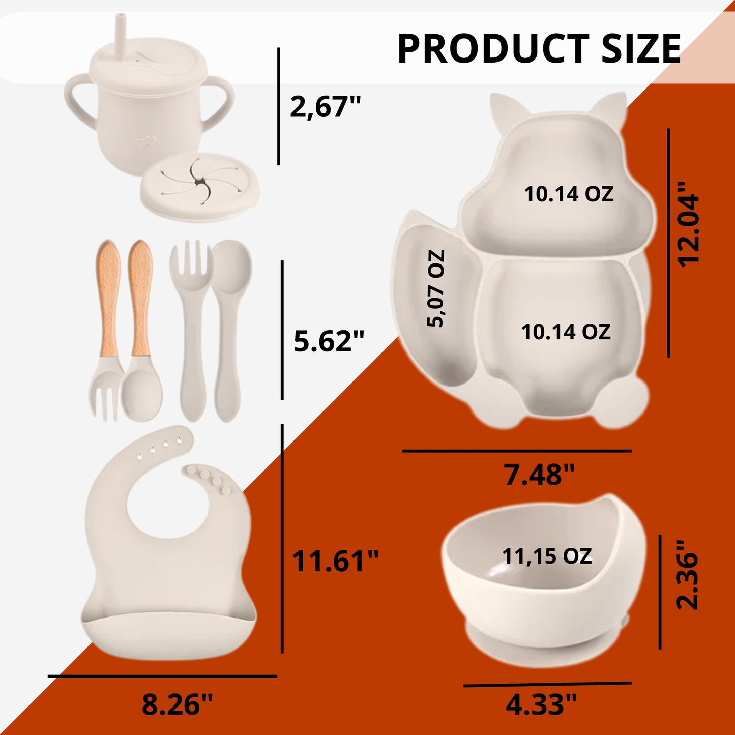 Beige Silicone Feeding Set of 9 – Food Grade Silicone Toddler Self Feeding Dish Set for Feeding Tableware Snack Cover Cups with Straws Forks Spoons Adjustable Bib Easy to Clean Baby Eating Utensils