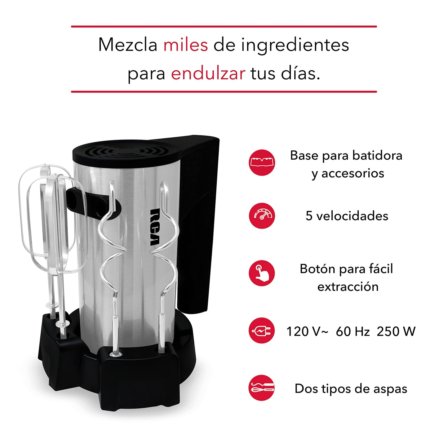 Batidora de Mano RCA, con 5 Velocidades, 2 Tipos de Aspas, Botón de Velocidad Máxima,Fácil Extracción y Limpieza,Accesorios Metálicos Incluuidos,Potente y Versátil para Repostería y Cocina, gris,RC-68
