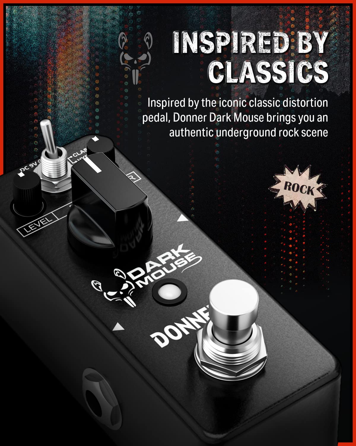 Donner - Pedal de distorsión de mouse oscuro para pedalera, guitarra eléctrica, 2 modos, clásico hiper crujiente a borrosa, pedal de guitarra True Bypass