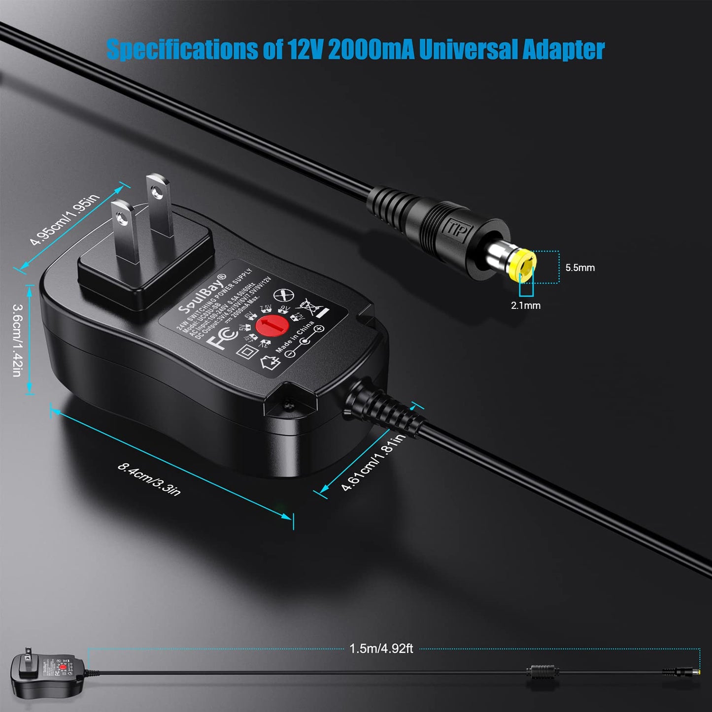 Adaptador AC/DC Universal SoulBay Negro Versión Mejorada Regulable Multi-Voltaje con 8 Conectores Seleccionables para Electrónica Doméstica de 3V a 12V 2 Amperios Máx.
