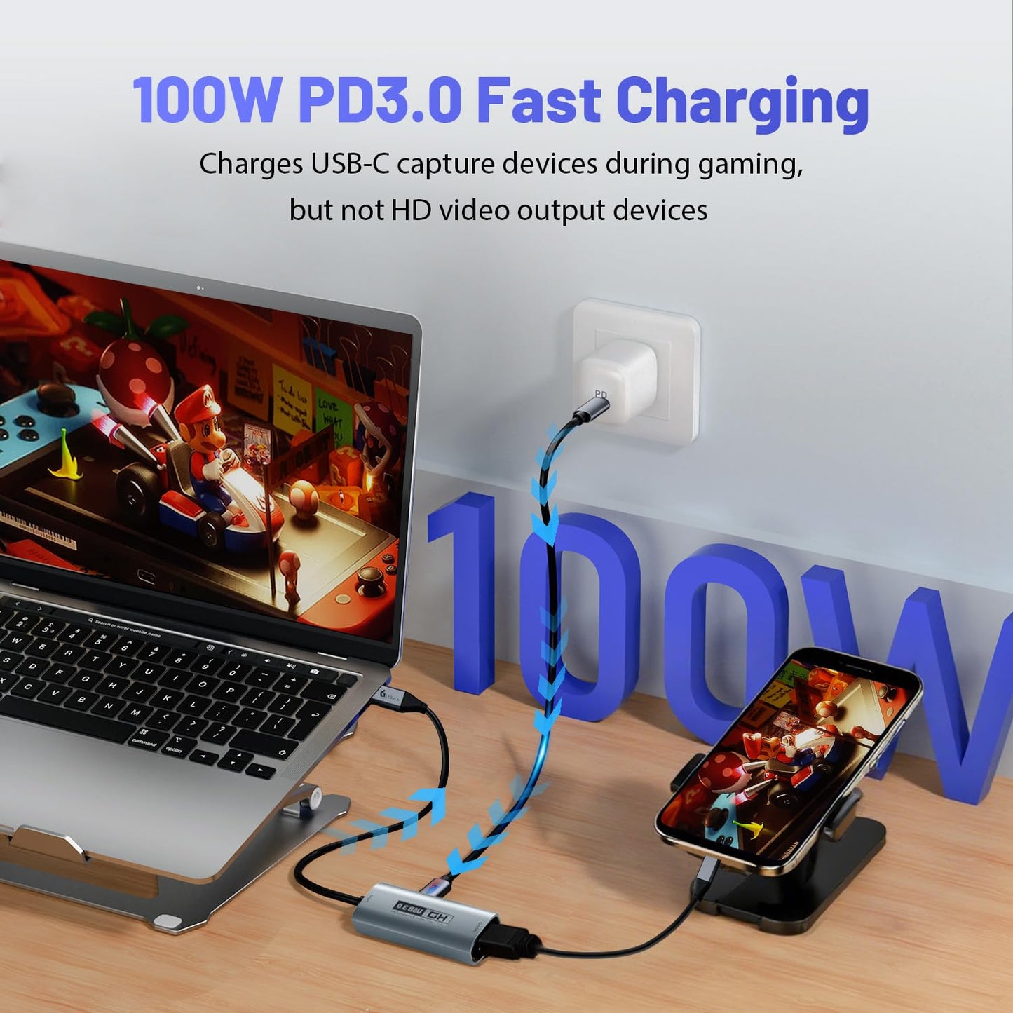 Guermok Tarjeta de Captura de Video USB 3.0 con Carga rápida PD 100W, 1080P@60FPS HDMI a USB-A/C, con Adaptador Tipo C, para Streaming en Oculus/Quest 3 / iPad/MacOS/Switch / PS4 y PS5, Plateado
