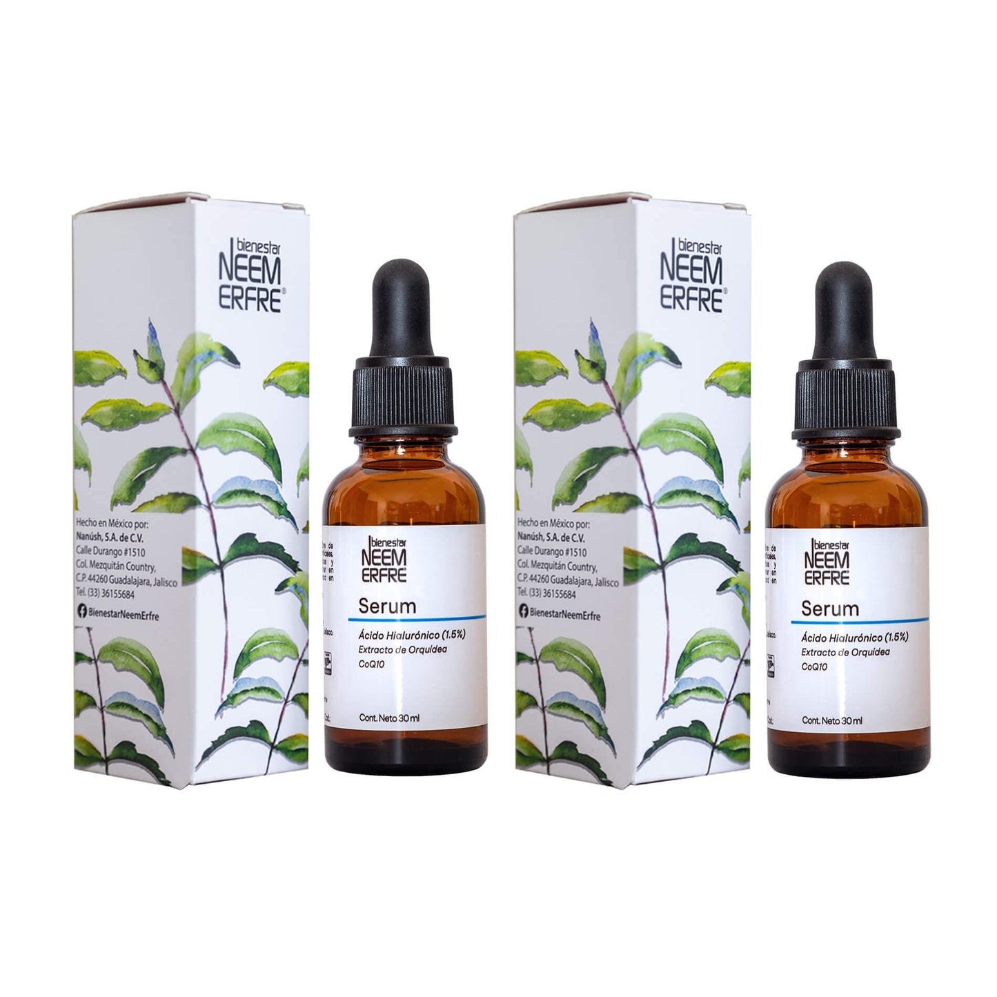 bienestar NEEM ERFRE Serum de Ácido Hialurónico al 1.5% + Coenzima Q10 + Escualano + extracto de orquídea | 93% ingredientes de origen natural | Hidrata y revitaliza tu piel, rápida absorción | 60ml (Paq de 2)