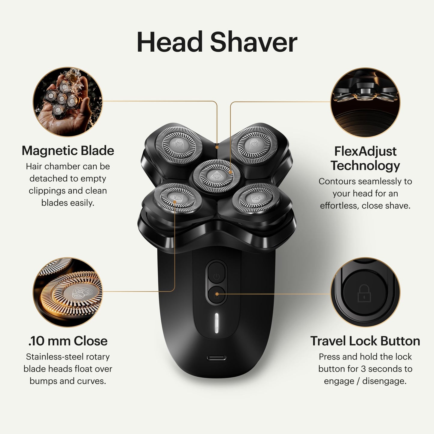 MANSCAPED® The Dome Shaver™ PRO: afeitadora para hombres, diseño rotatorio de 5 cuchillas con tecnología SkinSafe® y FlexAdjust, resistente al agua, USB-C e inalámbrica, bloqueo para viajes