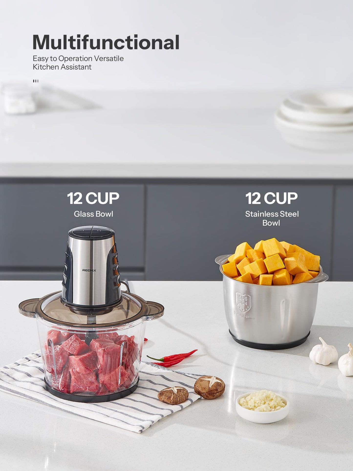 Picadora de Cocina Eléctrica Multipicadora con 2 Cuencos Grandes y 500 W, 2 Niveles de Velocidad, 4 Cuchillas para Carne, Cebollas, Frutas y Verduras